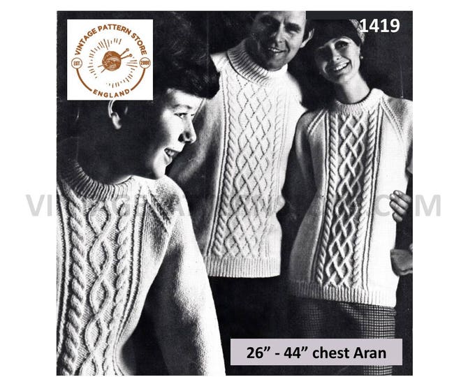 Ladies Womens Mens Boys Girls Family crew or polo neck cable cabled aran raglan sweater jumper pdf knitting pattern 26" to 44" Download 1419