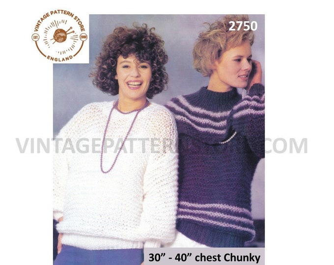 Ladies Womens 90s chunky easy knit round neck lacy drop shoulder & funnel neck striped sweater pdf knitting pattern 30" to 40" Download 2750