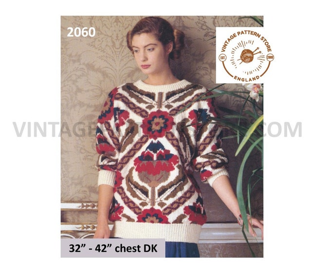 Ladies Womens 90s DK crew neck fair isle drop shoulder long line dolman sweater jumper pdf knitting pattern 32" to 42" chest Download 2060