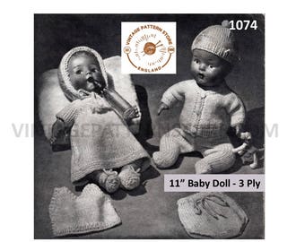 50s Vintage 11" Baby Doll Clothes Knitting Pattern (PDF Download)