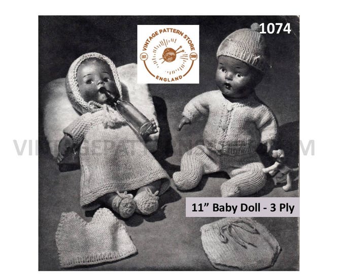 50s vintage 11" Baby doll clothes dress bonnet vest panties bootees cardigan leggings cap knitting pattern Instant PDF Download 1074