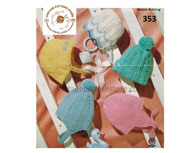 Baby Babies toddlers 50s vintage DK bonnet hat cap helmet pdf knitting pattern 5 designs to knit 6 months to 2 years Instant Download 353