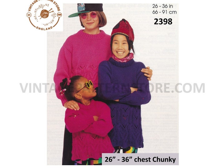 Girls 90s chunky knit long & cropped cable cabled lacy hem tunic sweater jumper pdf knitting pattern 26" to 36" chest PDF download 2398