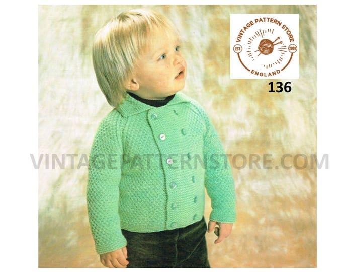 Boys Toddlers 80s vintage round neck double breasted textured DK raglan jacket pdf knitting pattern 22" to 24" chest PDF Download 136