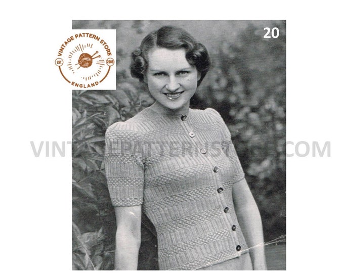 Ladies Womens 30s vintage texture and rib short sleeve 3 ply raglan Summer cardigan pdf knitting pattern 34" chest Instant PDF Download 20
