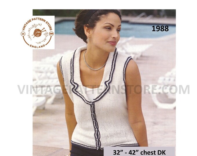 Womens Ladies 90s DK V neck collared contrast edge sleeveless cardigan waistcoat pdf knitting pattern 32" to 42" bust PDF download 1988