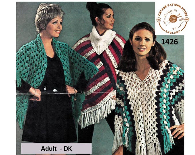 Ladies Womens 70s vintage DK V or cowl neck poncho and cape shawl pdf crochet & knitting pattern Instant PDF Download 1426