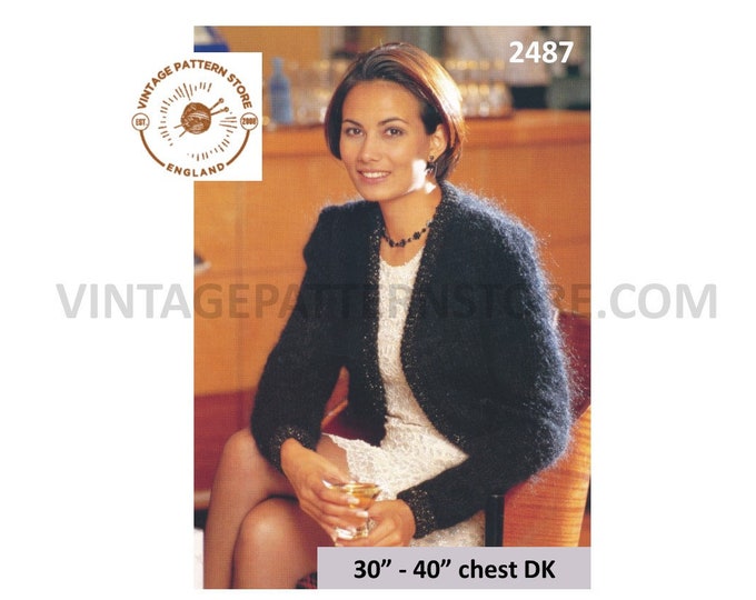 Ladies Womens 90s easy to knit long sleeve open fronted DK or mohair bolero pdf knitting pattern 30" to 40" chest Instant PDF download 2487