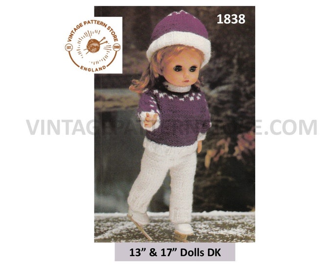 80s vintage 13" 17" DK Dolls clothes ice skating set sweater trousers hat pdf knitting pattern Instant PDF download 1838