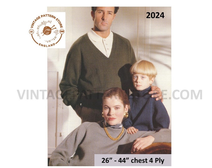 Ladies Womens Mens Boys Girls 90s family 4 ply V crew or polo neck raglan sweater jumper pdf knitting pattern 26" to 44" PDF download 2024