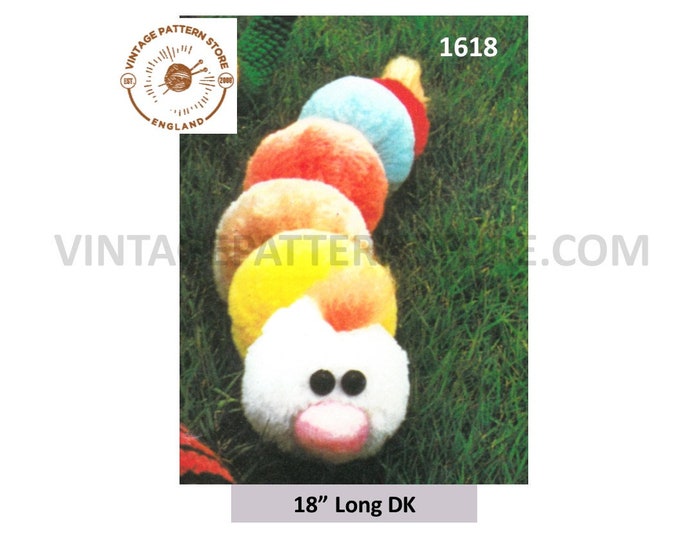 70s vintage pom pom toy caterpillar pdf pattern 18" Long Instant PDF Download 1618