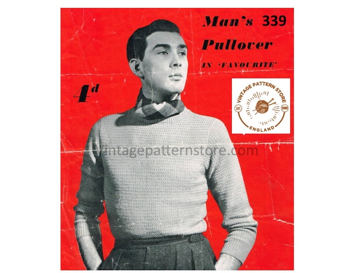 Mens Mans 50s vintage easy to knit chunky knit round neck raglan sweater jumper pdf knitting pattern 38" to 39" chest PDF Download 339