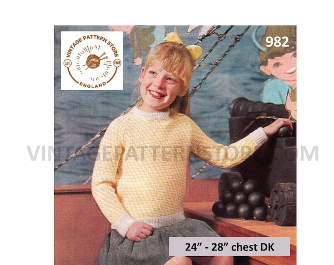 Girls 60s sweater knitting pattern, Girls crew neck 2 colour raglan DK sweater jumper pattern - 24" - 28" chest - PDF download 982