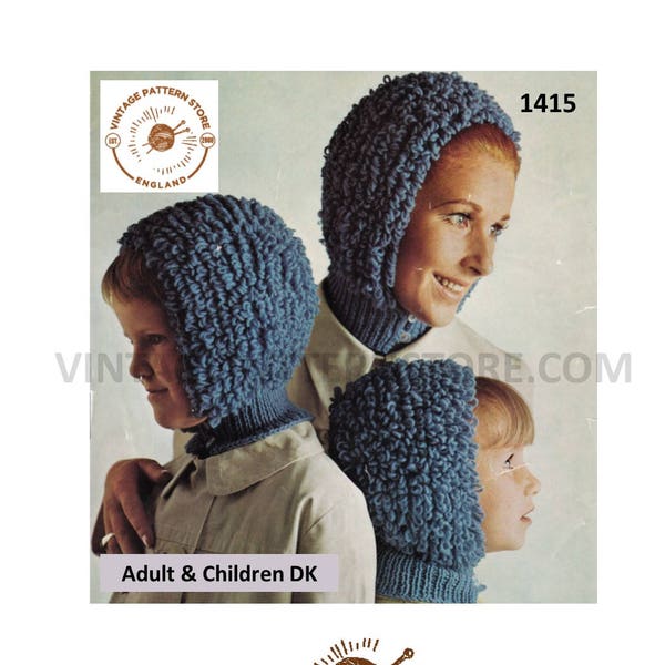Ladies Womens Girls 70s vintage easy to knit loop stitch loopy DK balaclava bonnet pdf knitting pattern 3 years to adult PDF download 1415