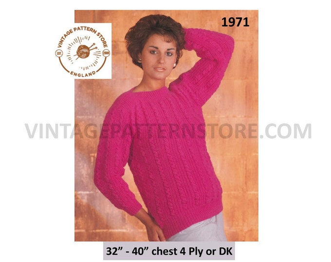 Ladies Womens 90s DK or 4 ply slash neck cabled cable rib ribbed raglan sweater jumper pdf knitting pattern 32" to 40" chest download 1971