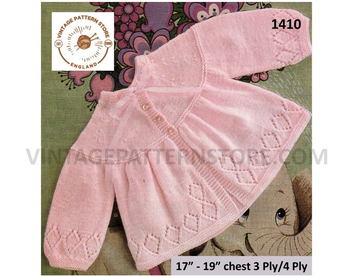 Baby Babies 70s 3 ply 4 ply diamond eyelet lace lacy hem round neck raglan matinee coat pdf knitting pattern 17" to 19" PDF download 1410