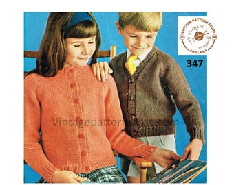 Girls Boys plain quick and simple easy to knit V or crew neck DK raglan cardigan pdf knitting pattern 22" to 28" chest Instant download 347