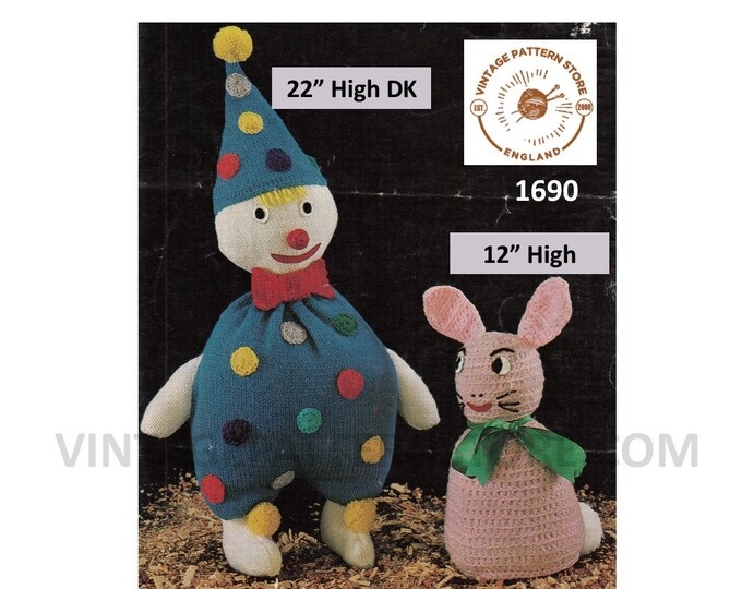 70s vintage DK and 5 ply cuddly toy rabbit bunny pdf crochet pattern and DK toy clown pdf knitting pattern Instant Download 1690