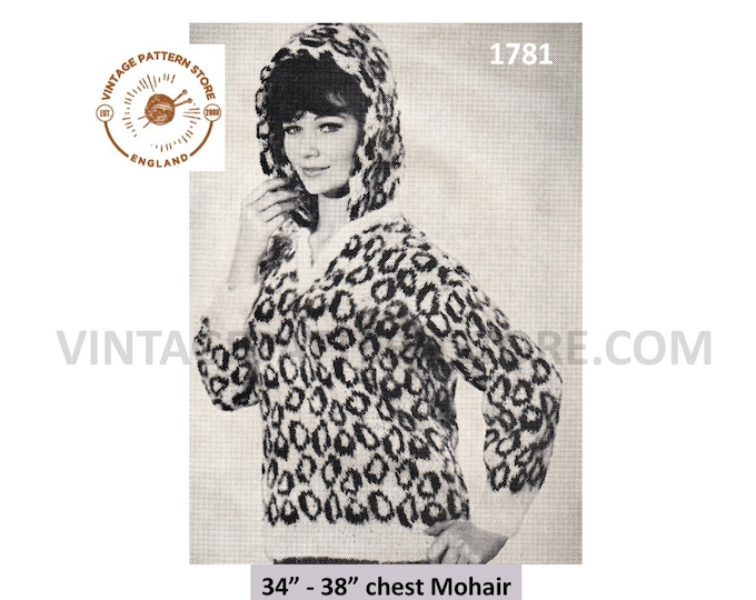 Ladies Womens 60s vintage faux fur leopard print mohair hoodie hooded sweater jumper pdf knitting pattern 34" to 38" chest PDF download 1781