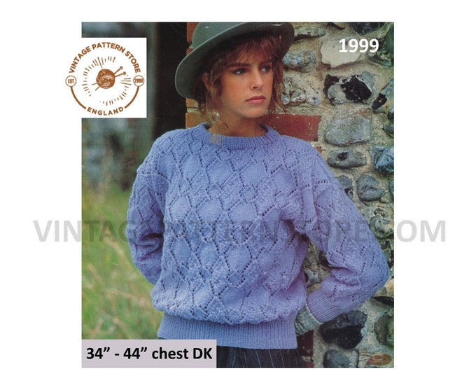 Ladies Womens 90s DK round neck diamond eyelet lace lacy drop shoulder dolman sweater jumper pdf knitting pattern 34" to 44" Download 1999