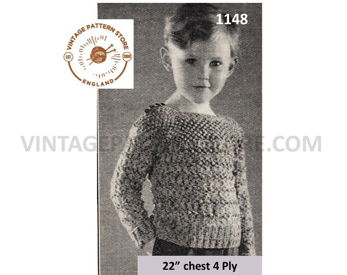 Girls Boys 30s knitting pattern, Boys Girls 30s slash neck 4 ply sweater jumper pattern - 22" chest - PDF download 1148