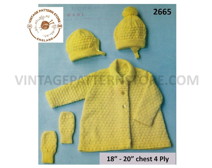 Baby Babies 60s vintage 4 ply textured collared matinee coat mittens bonnet & helmet pdf knitting pattern 18" to 20" chest PDF download 2665