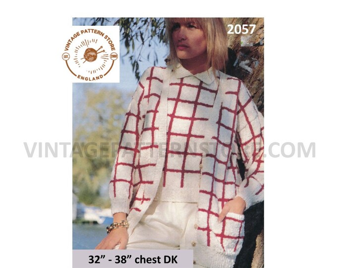 Ladies Womens 90s DK round neck check raglan sweater & cardigan twin set pdf knitting pattern 32" to 38" chest Instant PDF Download 2057