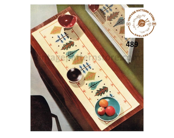 70s vintage rectangular table runner with embroidered autumn leaves pdf embroidery pattern 41.5" by 13.75" Instant PDF Download 489