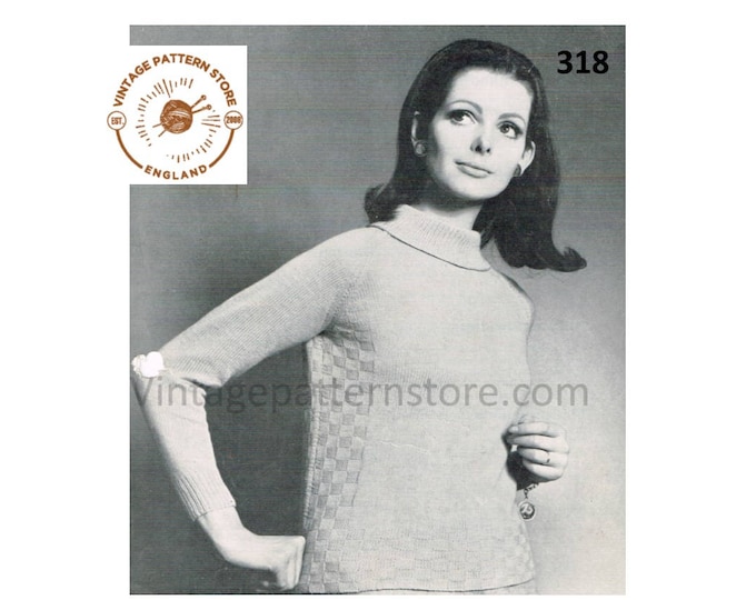Ladies Womens 60s vintage 4 ply polo neck turtleneck check panel raglan sweater jumper pdf knitting pattern 34" to 39" chest Download 318