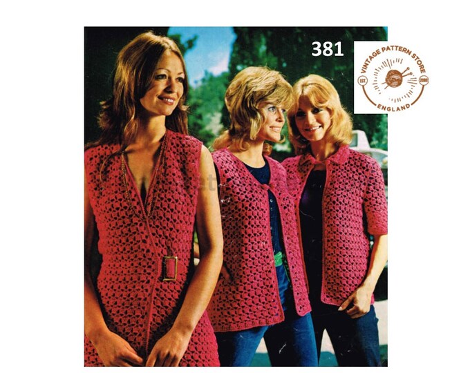 Ladies waistcoat crochet pattern, Ladies Womens 70s short sleeve raglan cardigan & waistcoat pattern - 32" - 42" chest - PDF Download 381