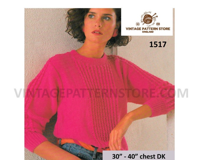Ladies Womens 90s round neck cabled cable panel dolman sweater jumper pdf knitting pattern 30" to 40" chest Instant PDF Download 1517