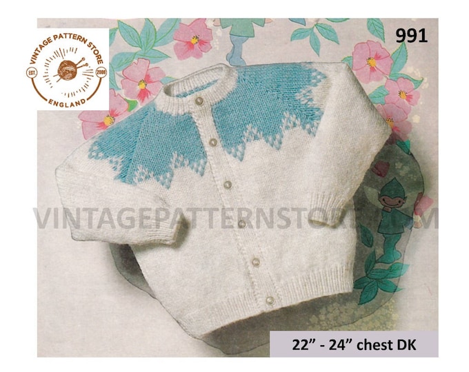 Baby Babies Toddlers 60s vintage DK fair isle yoke yoked round neck raglan cardigan pdf knitting pattern 22" to 24" chest PDF download 991