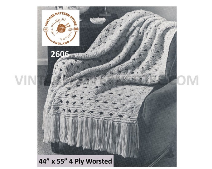 60s vintage retro 4 ply fringed lacy lace afghan throw pdf knitting pattern 44" by 55" Instant PDF download 2606