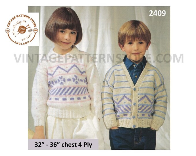 Boys Girls Toddlers 90s DK V neck striped raglan cardigan & round neck sweater jumper pdf knitting pattern 20" to 28" PDF download 2409