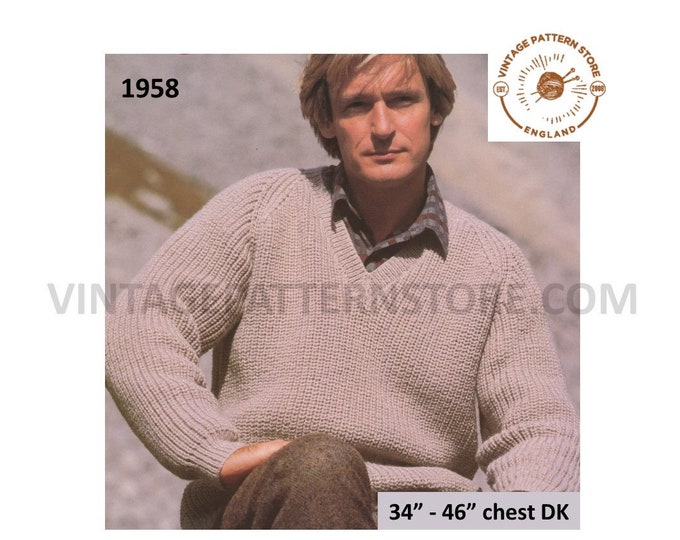 Mens Mans 90s vintage easy to knit DK V neck raglan sweater jumper pdf knitting pattern 34" to 46" chest Instant PDF Download 1958