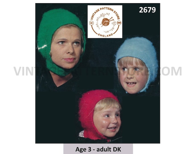 Womens Ladies Boys Girls 60s vintage easy to knit DK balaclava & bonnet pdf knitting pattern 3 yrs to Adult Instant PDF download 2679