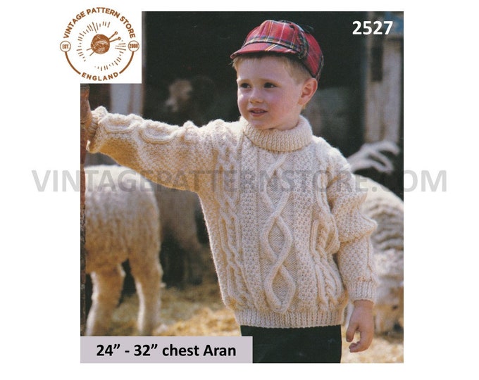 Boys 90s polo neck turtleneck cable cabled drop shoulder dolman aran sweater jumper pdf knitting pattern 24" to 32" chest PDF download 2527