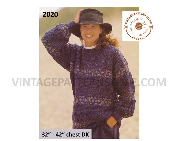 Ladies Womens 90s DK round neck cable & eyelet lace fair isle drop shoulder dolman sweater pdf knitting pattern 32" to 42" Download 2020