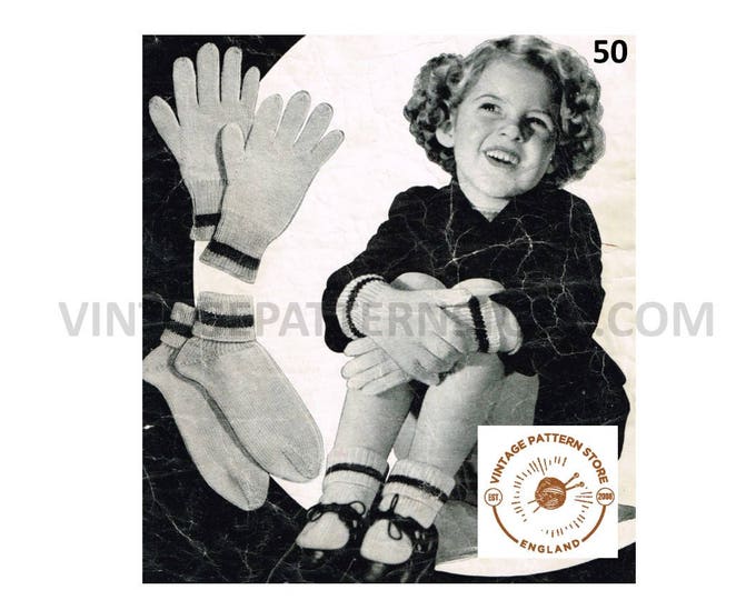Girls 40s vintage easy to knit 4 ply striped gloves and ankle socks pdf knitting pattern ages 6 to 12 years Instant PDF Download 50