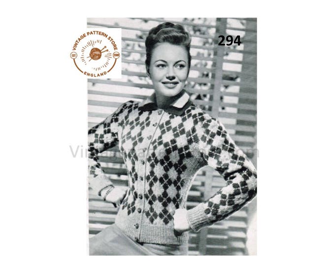 Ladies Womens 40s vintage 3 ply round neck collared Scottish fair isle raglan cardigan pdf knitting pattern 36" chest Instant Download 294