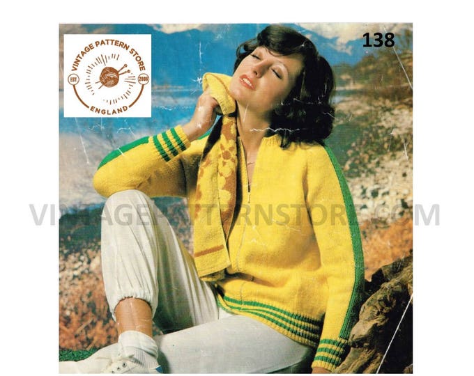 Ladies Womens 70s vintage DK crew neck raglan sports jacket track suit top cardigan pdf knitting pattern 34" to 40" chest PDF Download 138