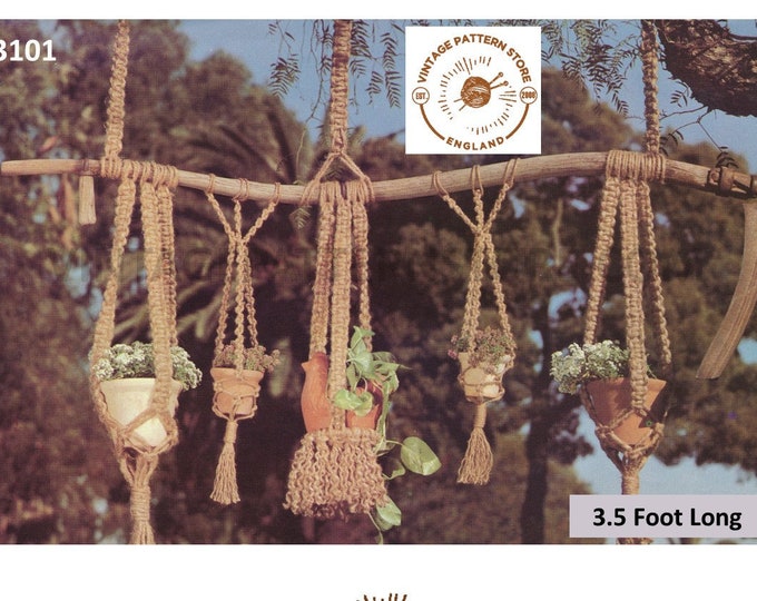 70s vintage retro easy to make small macrame plant hanger pdf macrame pattern, 70s vintage indoor garden gardening 3.5 foot Download 3101