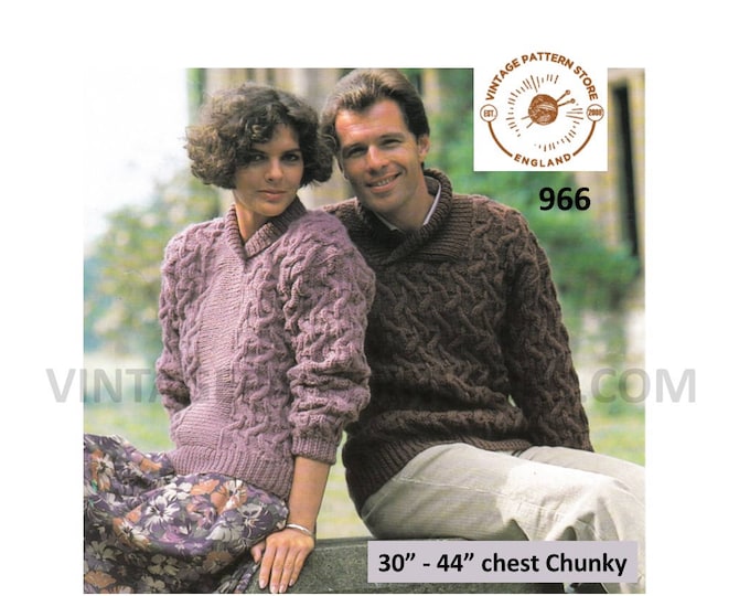 Womens Mens 80s chunky knit shawl collar cable cabled drop shoulder dolman sweater jumper pdf knitting pattern 30" to 44" Download 966