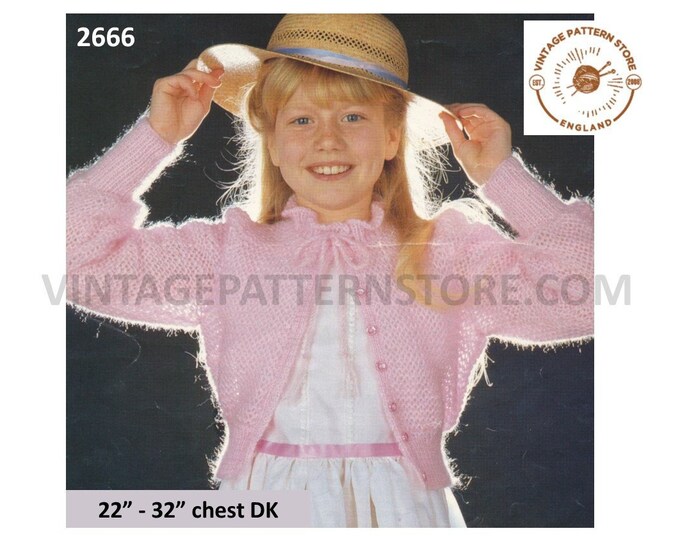 Girls 80s vintage easy to knit DK frilly round neck raglan cardigan pdf knitting pattern 22" to 32" chest Instant PDF download 2666