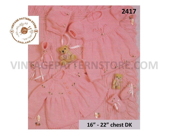 Baby DK pram set knitting pattern, Babies dress matinee coat shawl bonnet booties & bonnet pattern - 16" - 22" chest - PDF download 2417