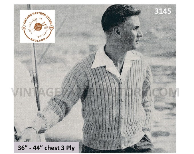 Mens 50s cardigan knitting patterns, Mens 50s V neck ribbed 3 ply raglan cardigan pattern - 36" - 44" chest - PDF Download 3145