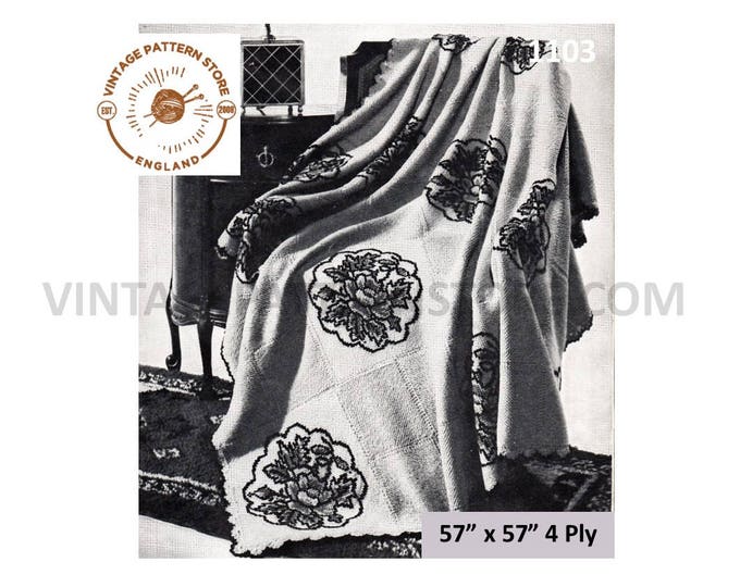 50s vintage 4 ply embroidered afghan throw pdf knitting pattern 57" by 57" Instant PDF download 1103