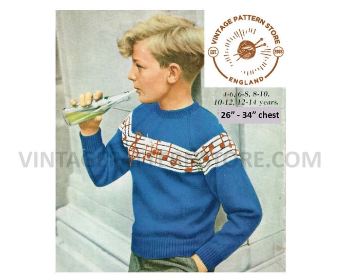 Boys 50s vintage 4 ply crew neck music musical embroidered raglan sweater jumper pdf knitting pattern 26" to 34" chest PDF download 64