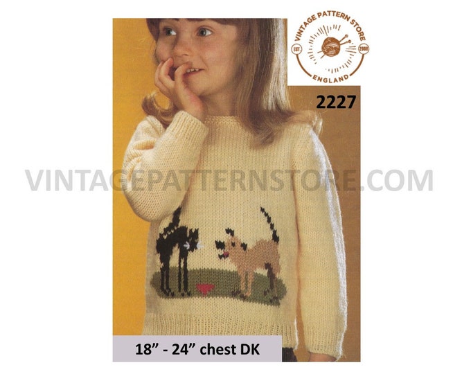 Girls Toddlers 80s vintage DK round neck cat & dog intarsia motif raglan sweater jumper pdf knitting pattern 18" to 24" PDF Download 2227