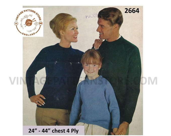 Ladies Womens Mens Boys Girls simple and easy to knit 4 ply crew neck raglan sweater pdf knitting pattern 24" to 44" chest PDF download 2664